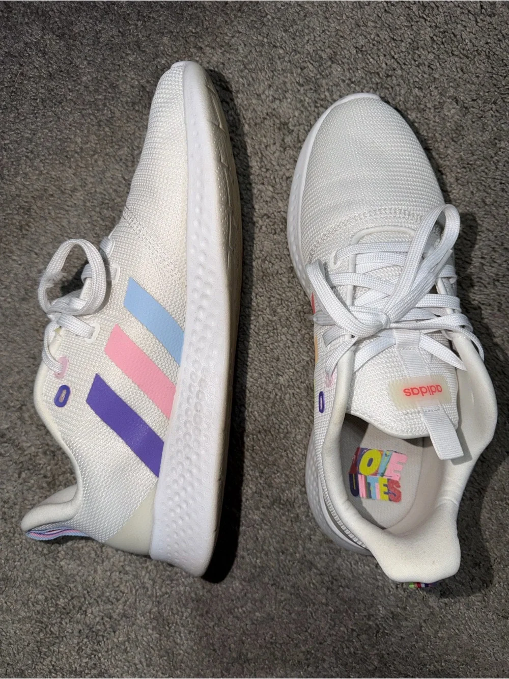 adidas White Sneakers with Neon Yellow, Peach, and Coral Stripes
